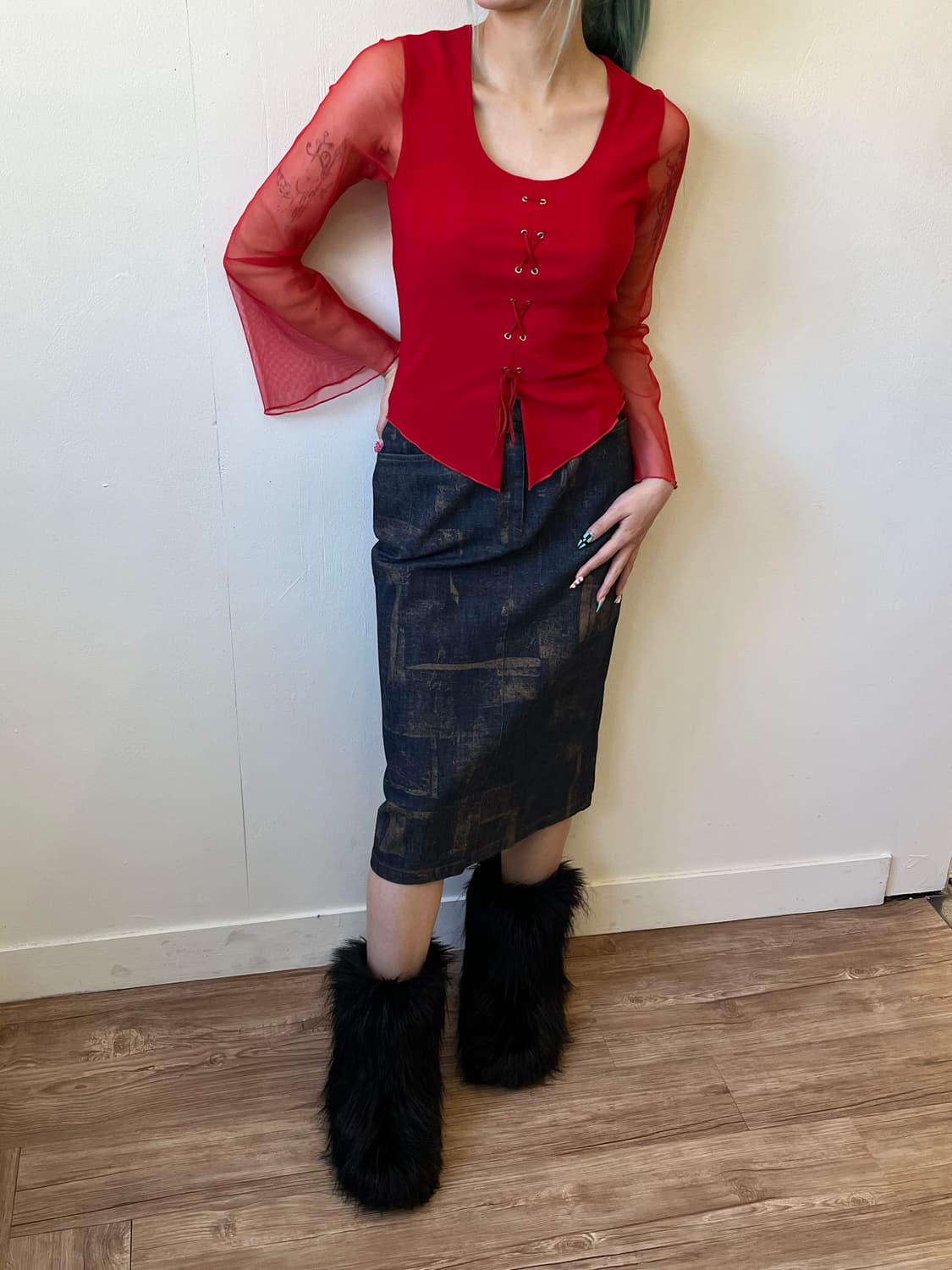 jubi 레드 코르셋 시스루 탑  상품이미지5