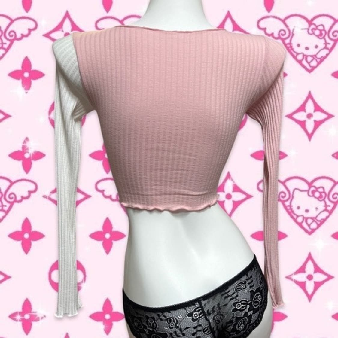 Half pink & white ribbon crop top 상품이미지4