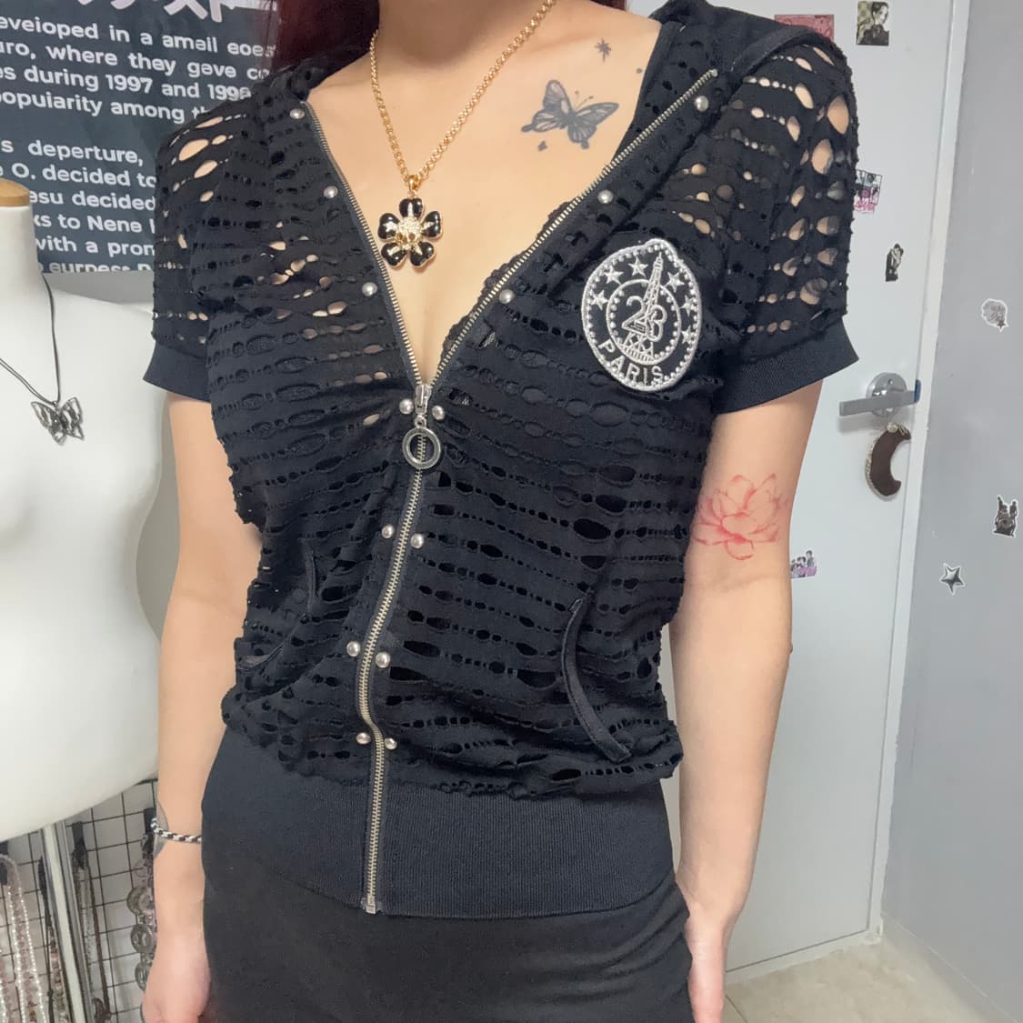 펑크 포인트 그물 반팔 후드집업  상품이미지2