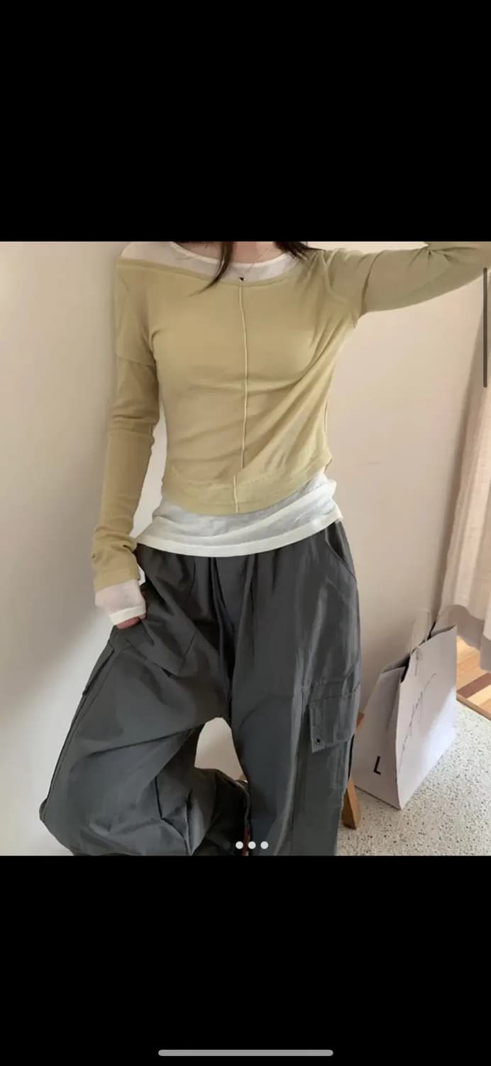 모어라벨 얇은 라운드넥 트임 레이어드 긴팔 세트 옐로우 상품이미지1