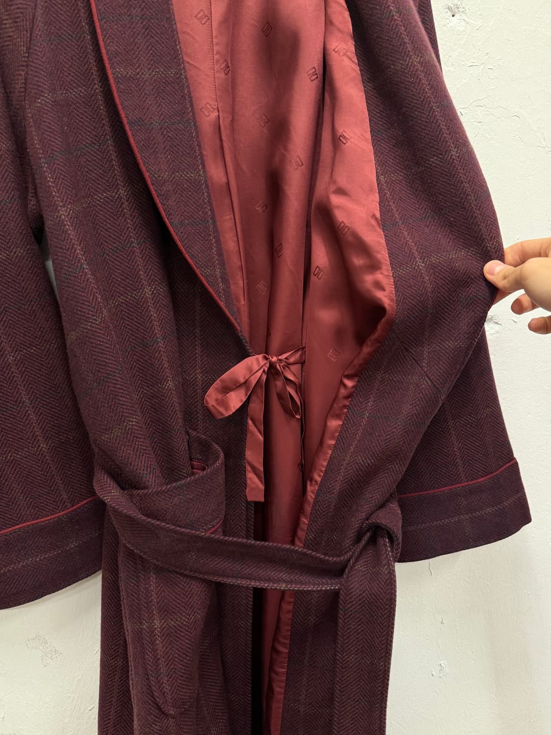L) DAKS Burgundy Check Cashmere Robe Coa 상품이미지4