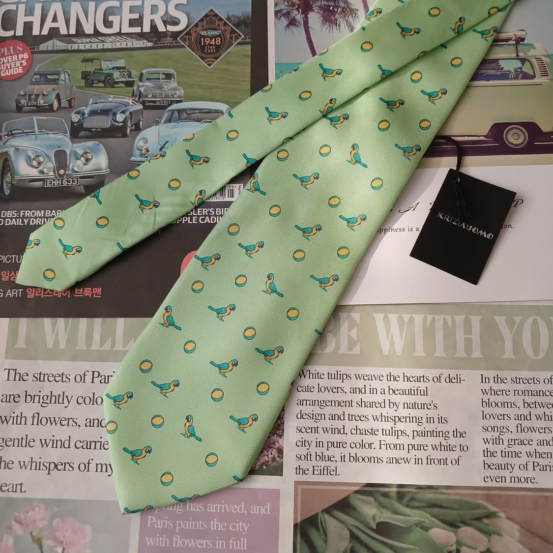 크리지아 실크 민트 앵무새 모티브 넥타이 9.3cm 새상품 A18906
 상품이미지2