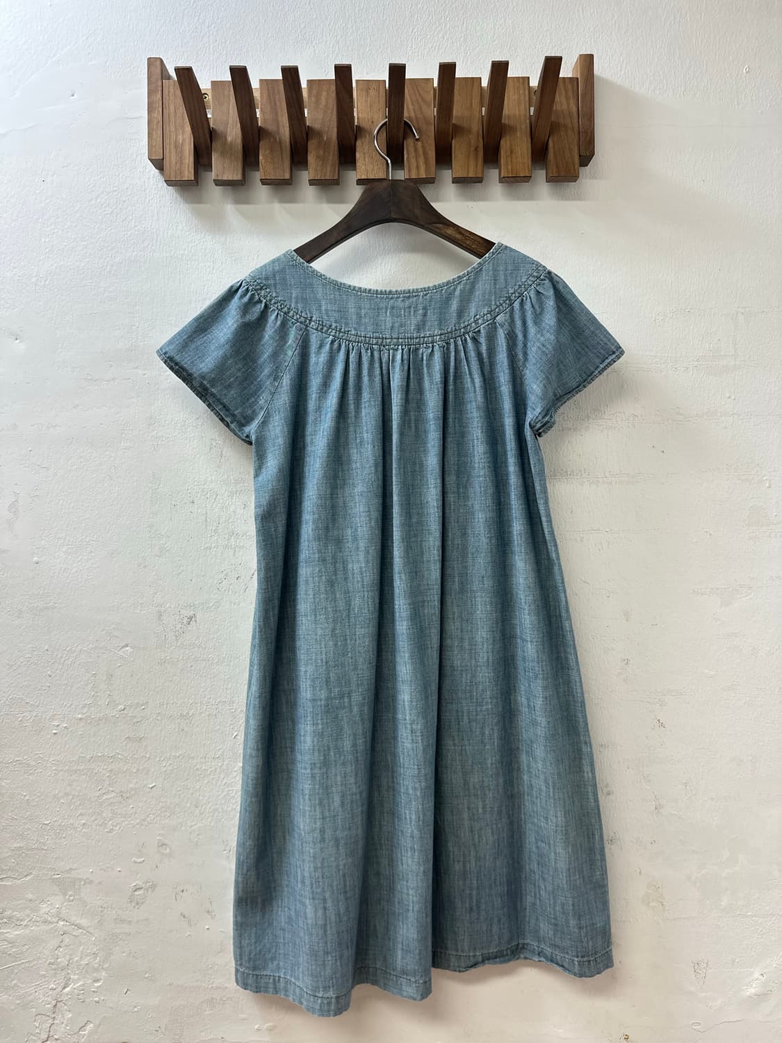 일본빈티지 블루 데님 코튼100% 요크 셔링 반팔 블라우스 원피스 상품이미지4
