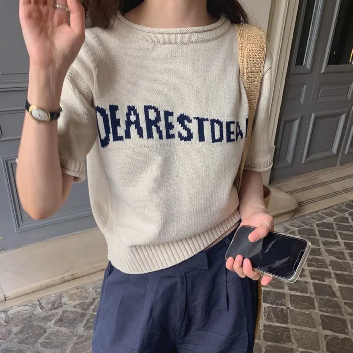 메이비베이비 디어리스트 로고 베이지 반팔 니트 F 상품이미지1