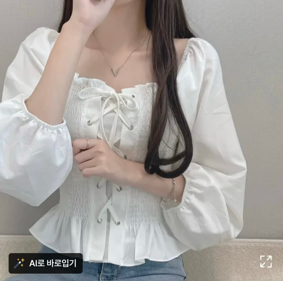 벌룬 코르셋 스모크 밴딩 퍼프 스퀘어넥 블라우스 상품이미지1