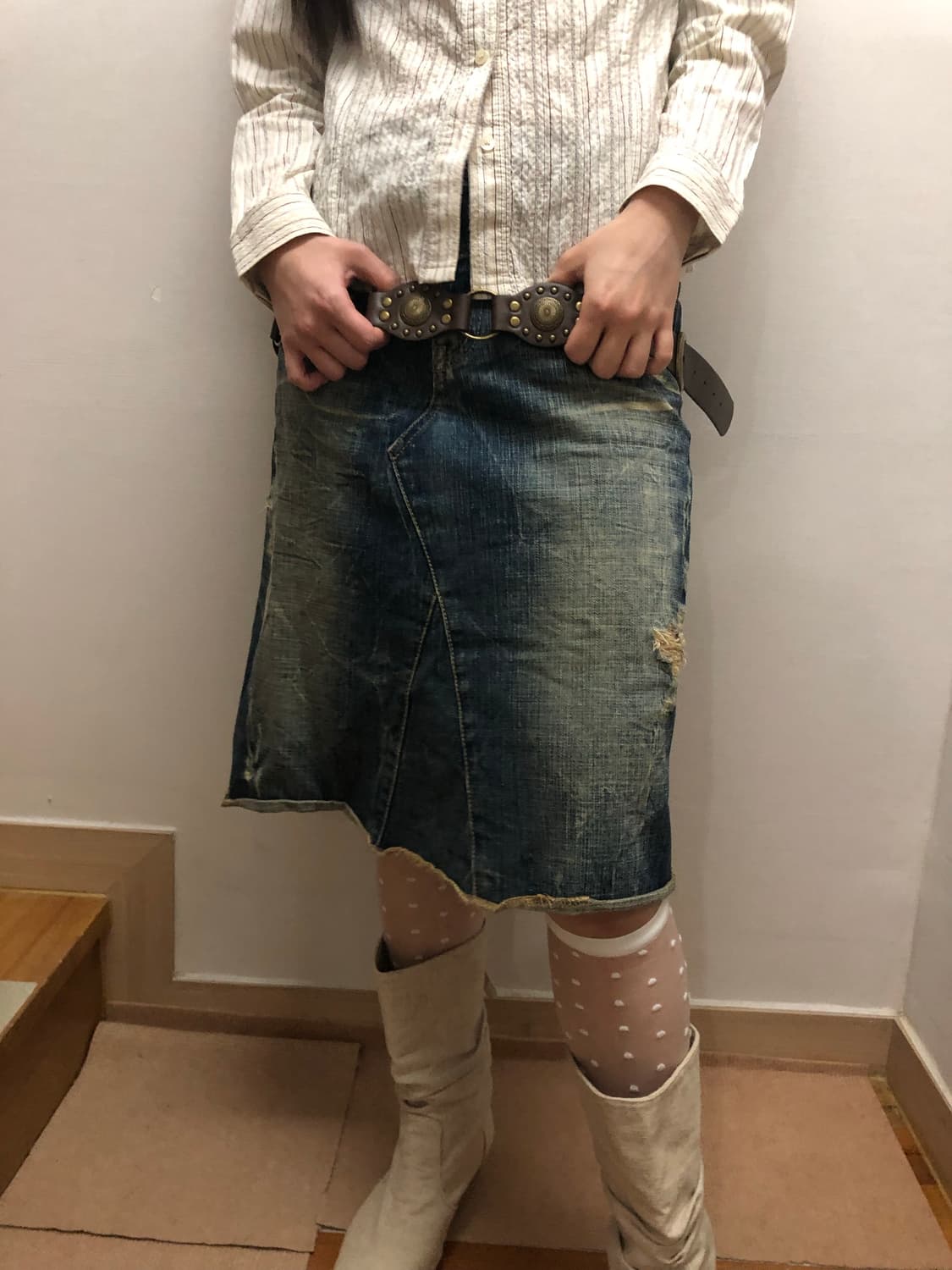 빈티지 데님 워싱 미디 스커트 상품이미지4