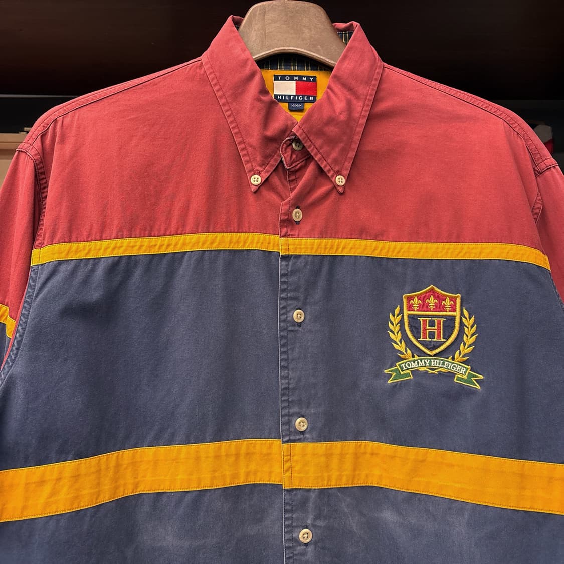 90s 타미힐피거 올드스쿨 컬러블럭 크레스트 와펜 코튼셔츠 N1035 상품이미지3