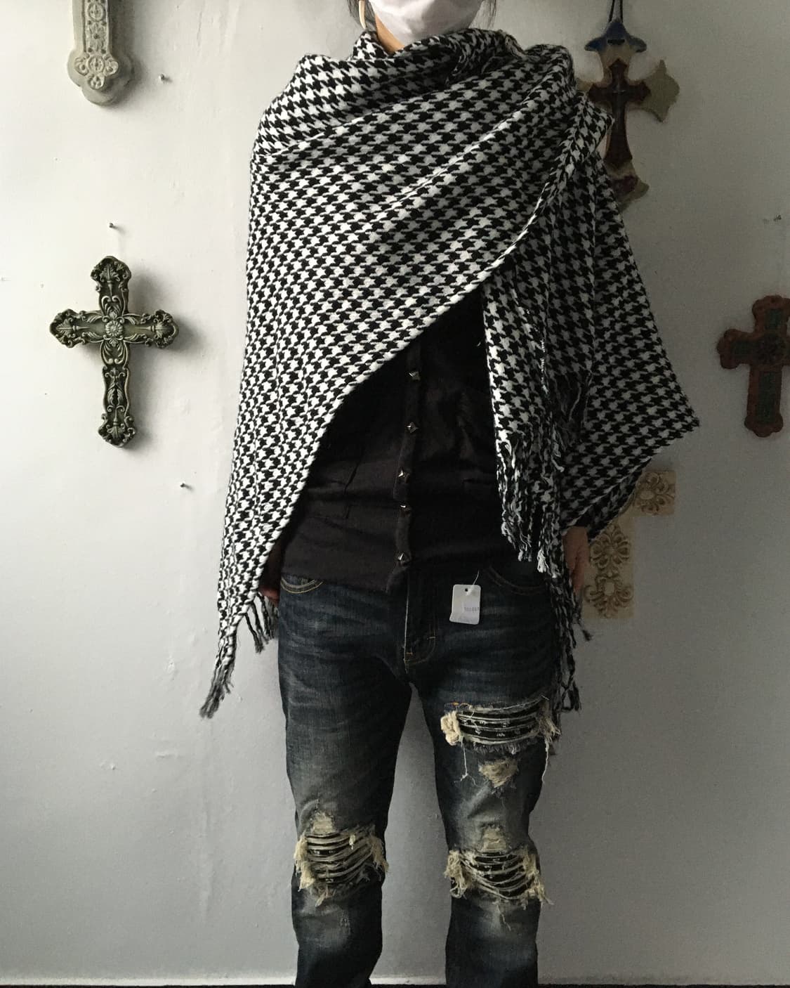 Hound tooth pattern fringe cape 상품이미지1