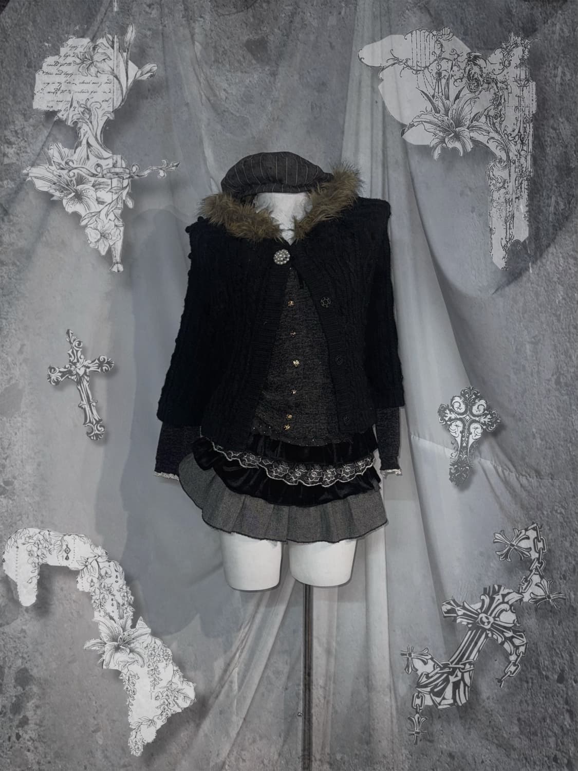 사와코깔 무채색 폭닥폭닥 니혼진 케이프 코디세트 상품이미지1