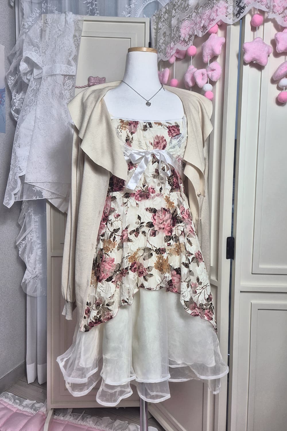 히메갸루 리즈리사깔 플라워 패턴 레이스 봄 코디 세트 원피스 모리걸 상품이미지1