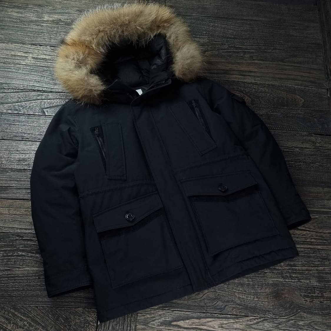 [에스피오나지] 덕다운 라쿤퍼 오버핏 후드 야상 패딩 블랙 M18327 상품이미지1