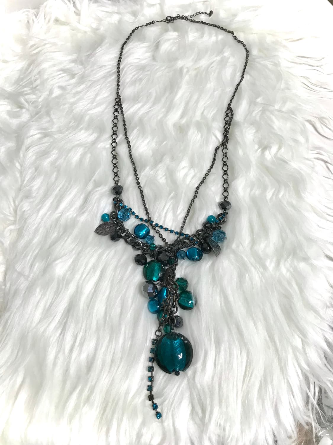 빈티지 딥터콰이즈 청록 비즈 롱 드롭 두줄 체인 목걸이 상품이미지2