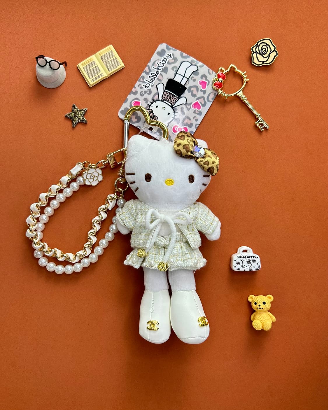 (11)롱다리키티 커스텀키링-레오파드 리본 트위드  상품이미지1