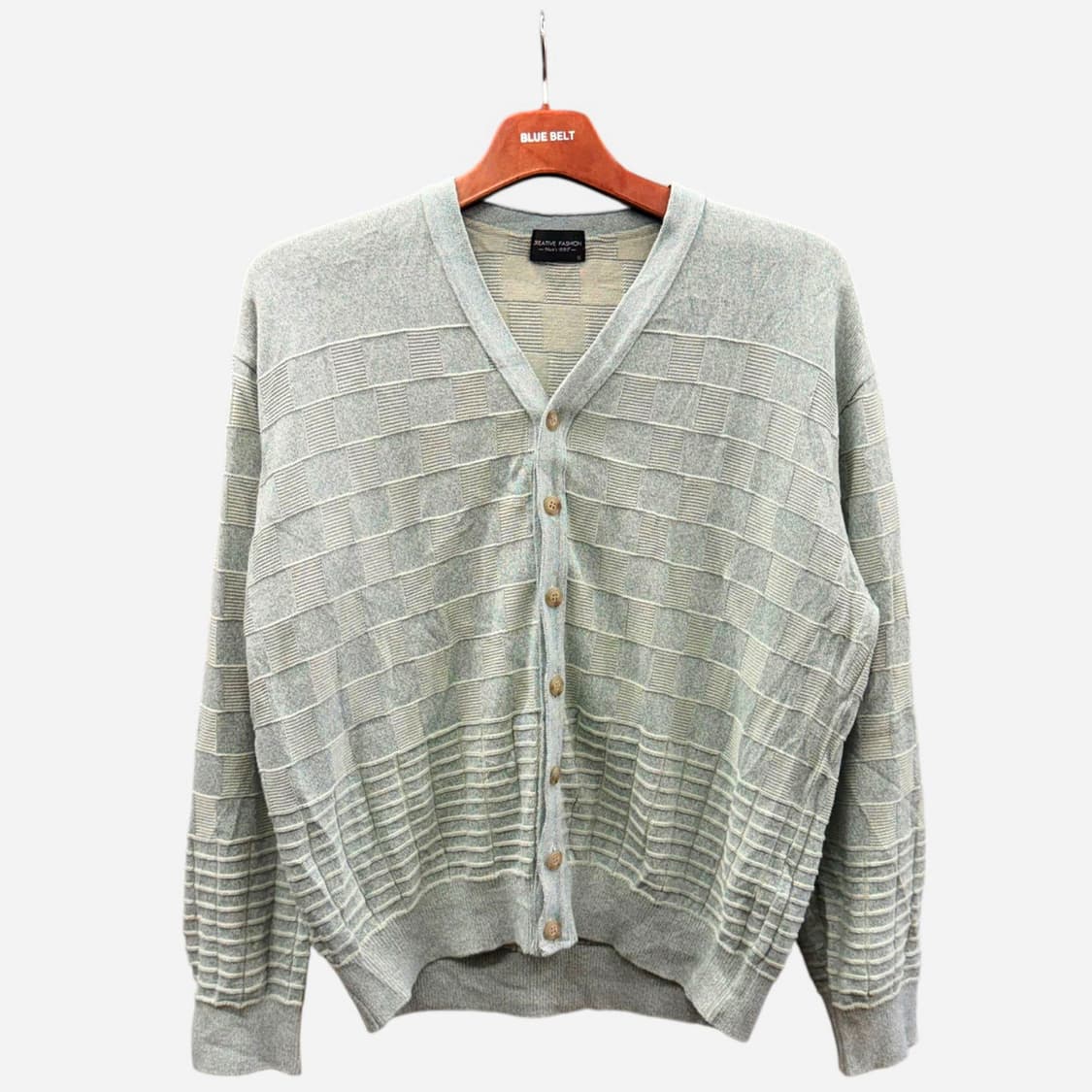 JPN VINTAGE V넥 가디건 엠보싱 라인 리버스 블록 패턴 디테일 상품이미지1