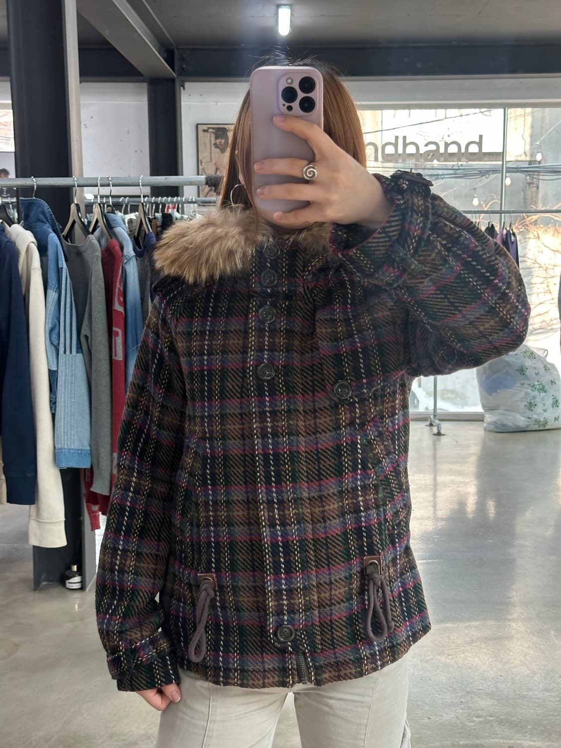 빈티지 갸루 버튼체크 퍼후드 숏코트자켓 상품이미지5