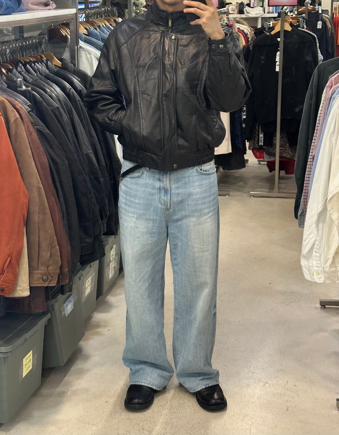 빈티지 하이넥 레더 자켓 상품이미지5