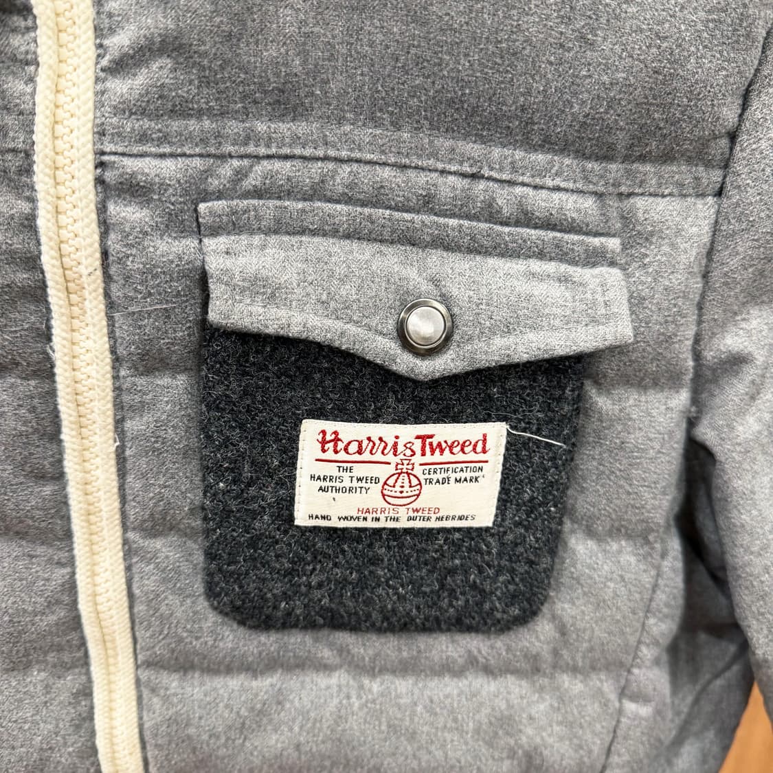 해리스 트위드 후드 퀄팅 패딩 자켓 풀 집업 포켓 패치 디테일 그레이 상품이미지6