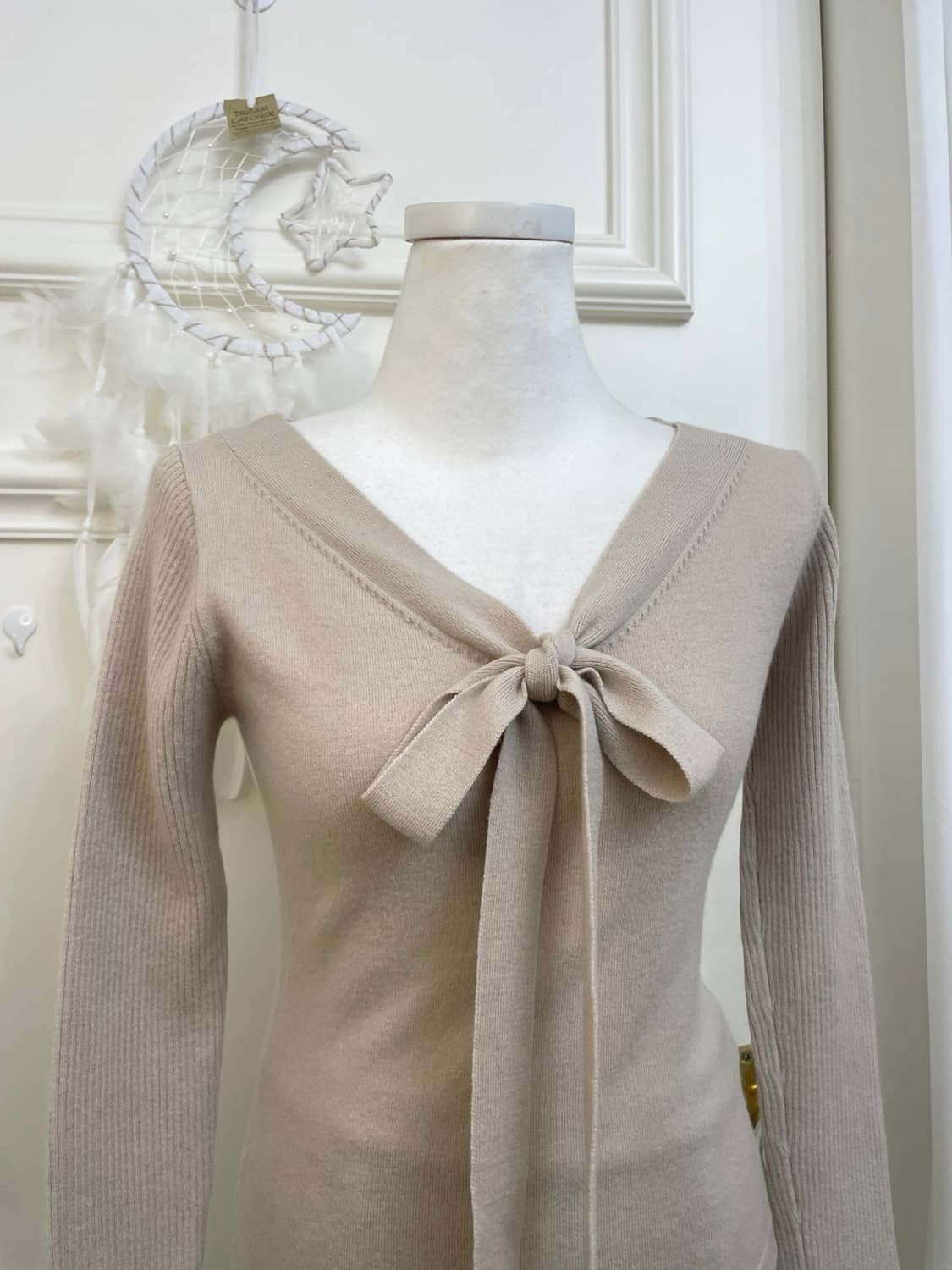 beige bow sleeve rib knit top(size-M) 상품이미지6