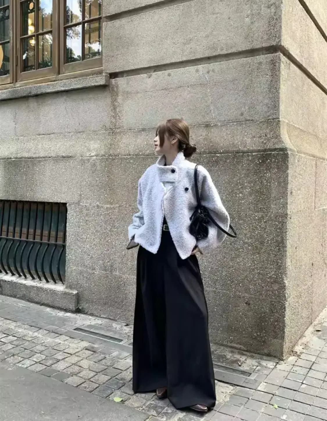 스카이 그레이 스탠드 칼라 버튼 오버핏 울 코트 상품이미지3