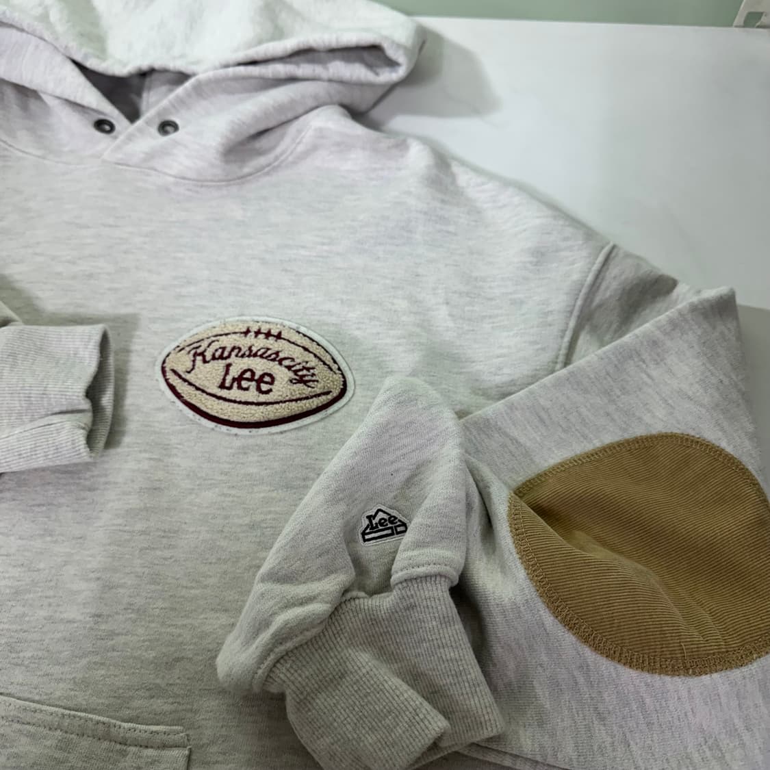 95 S 리 LEE 오트그레이 오버핏 암패치 럭비 스웻후드티 상품이미지3
