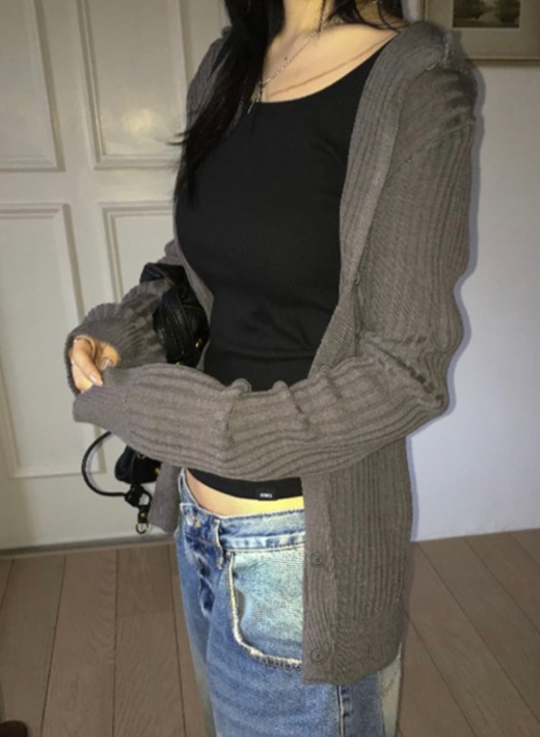 easeas 이즈이즈 drop hood cardigan charcoal 상품이미지2