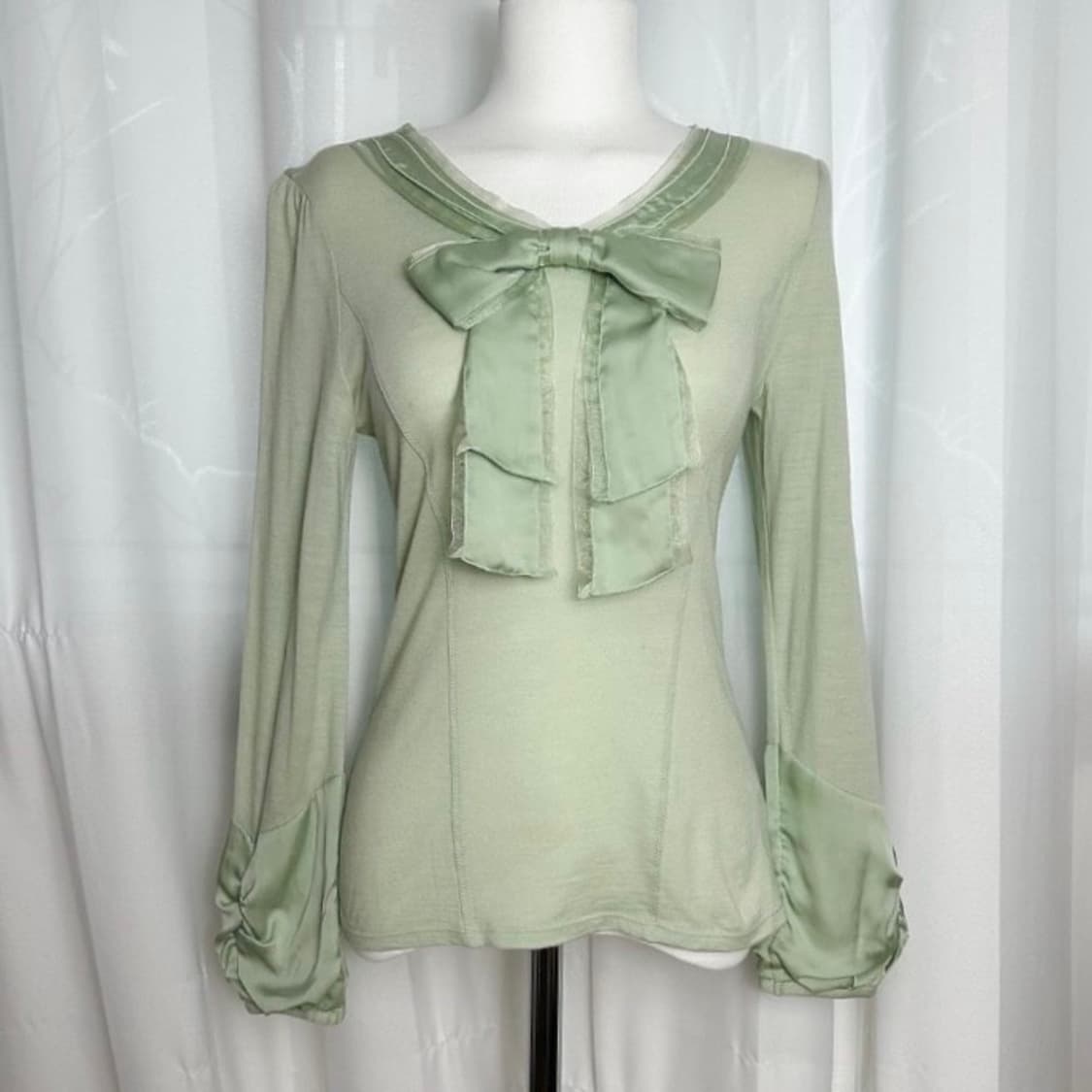 일본빈티지 베이비그린 리본 블라우스 상품이미지1