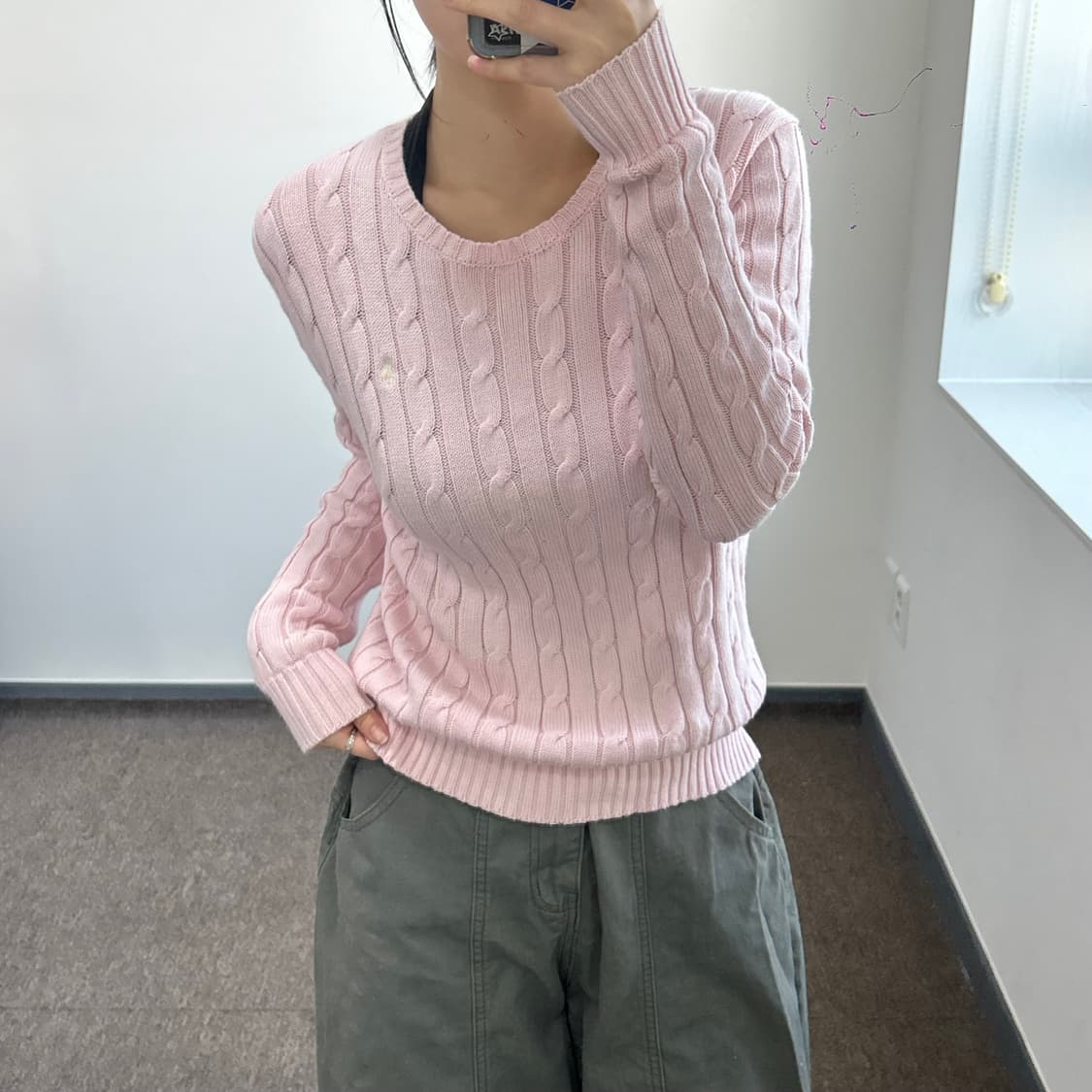 Polo 폴로 아이보리 포니 라이트핑크 케이블 니트  상품이미지2