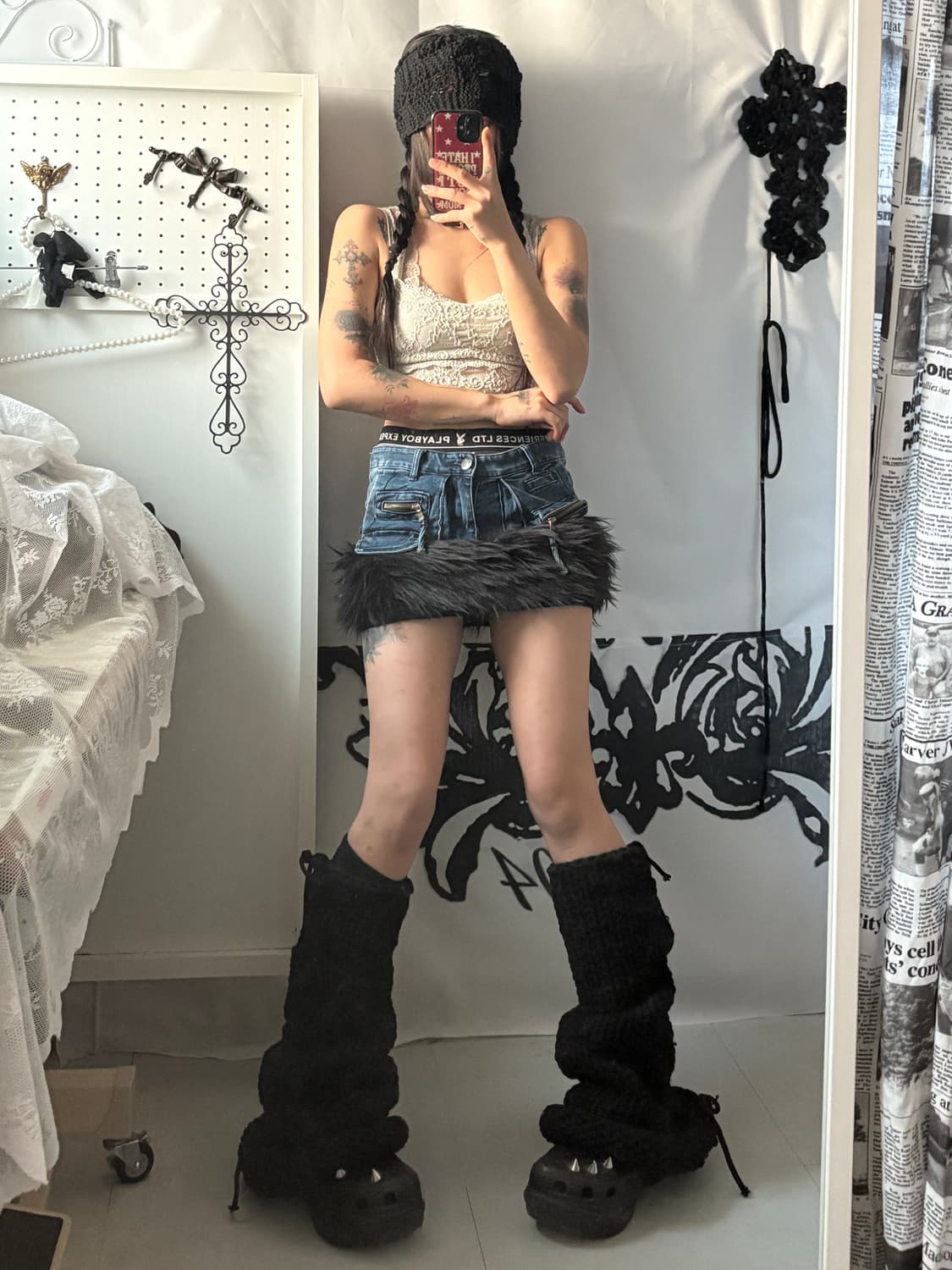 • hurtremake denim cargo fake fur skirt 상품이미지4