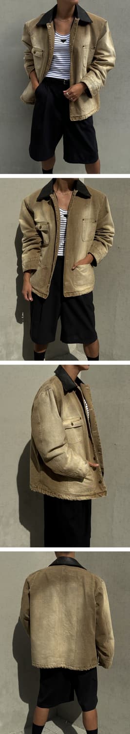 [새제품/XL] 듀드나인 빈티지 레더 카라 캔버스 워크자켓 워시드 베이지 상품이미지4