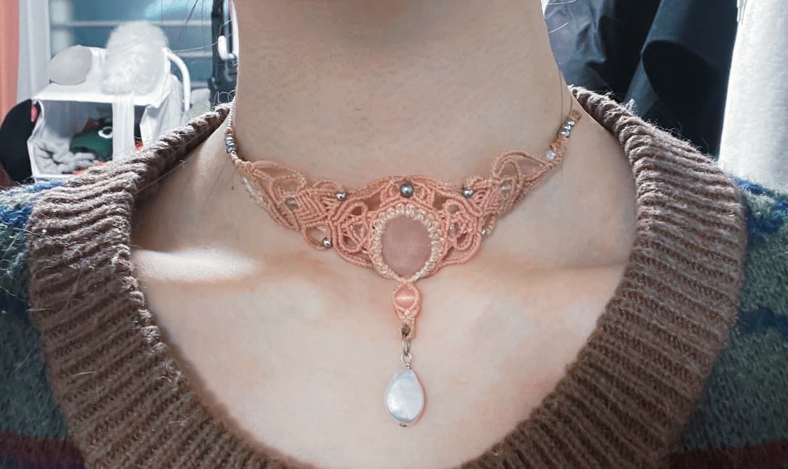 마크라메로만 올핑크 천연 로즈쿼츠 초커 목걸이 진주 펄 상품이미지7