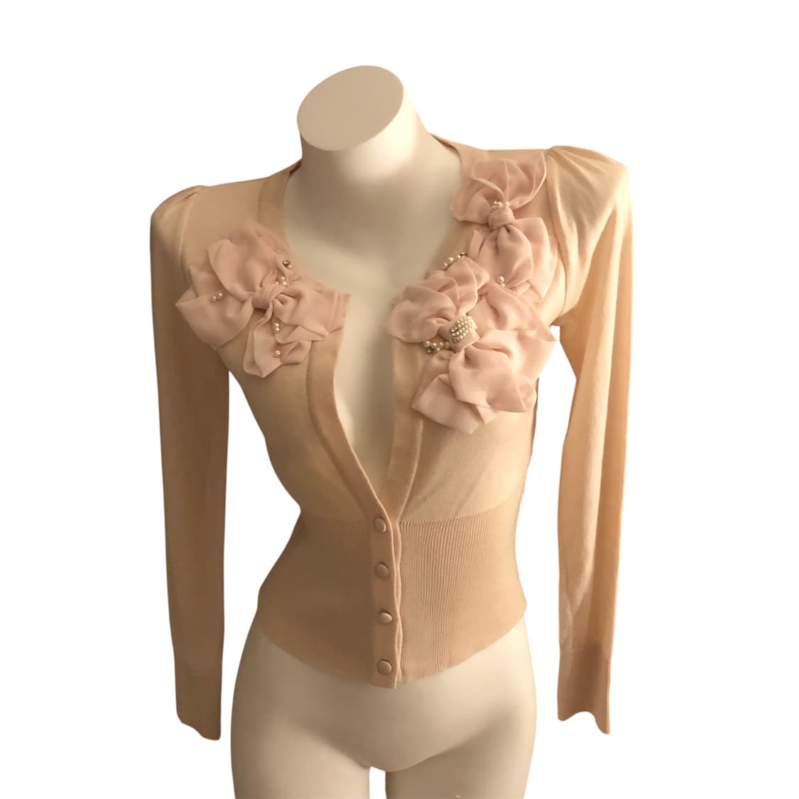 큐빅 진주 리본 프릴 니트 가디건 달천 상품이미지2