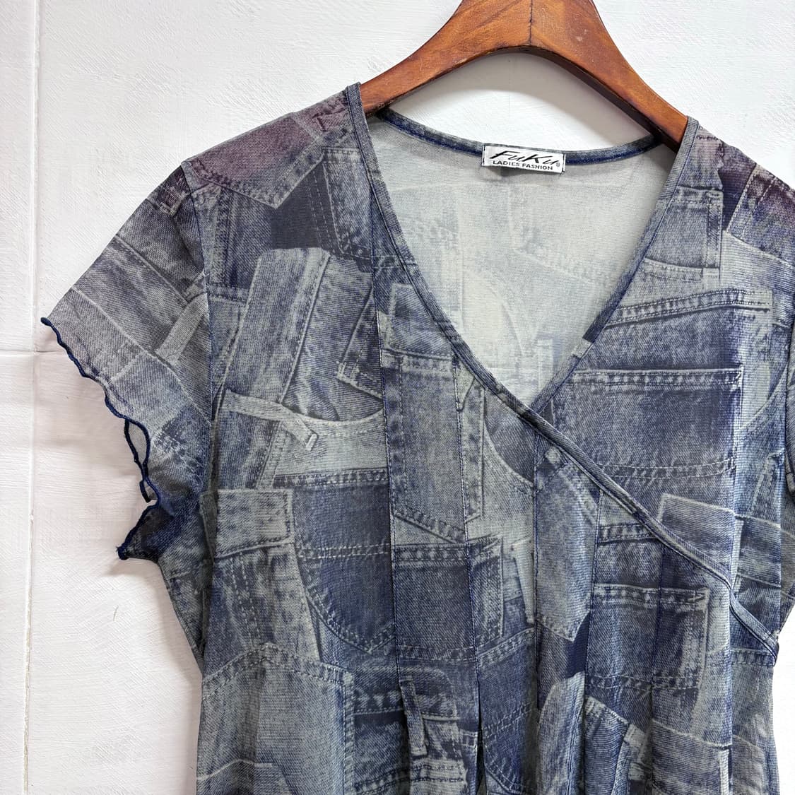 FUKU 시스루 데님패턴 Y2K 리본 탑 블라우스 JPN 상품이미지2