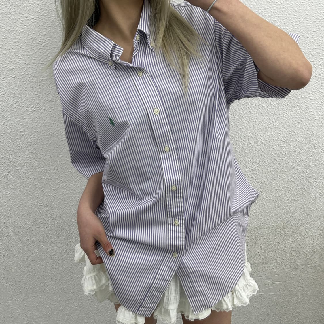 폴로 랄프로렌 말차맛포니 세로 퍼플 단가라 반팔셔츠 XL 상품이미지1