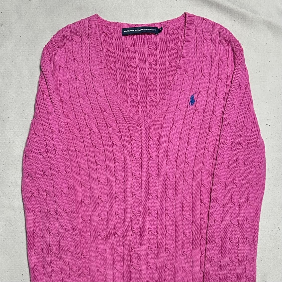 M 폴로랄프로렌 여성용 핑크 브이넥 케이블 니트 상품이미지1