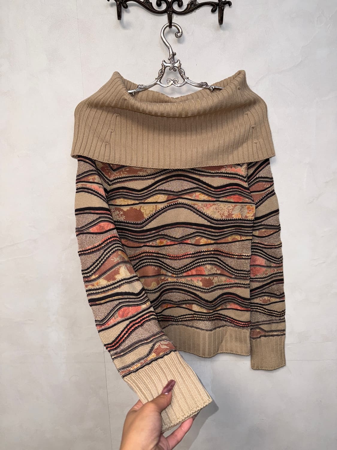 St.Germain beige floral cable 오프숄더 니트 상품이미지4