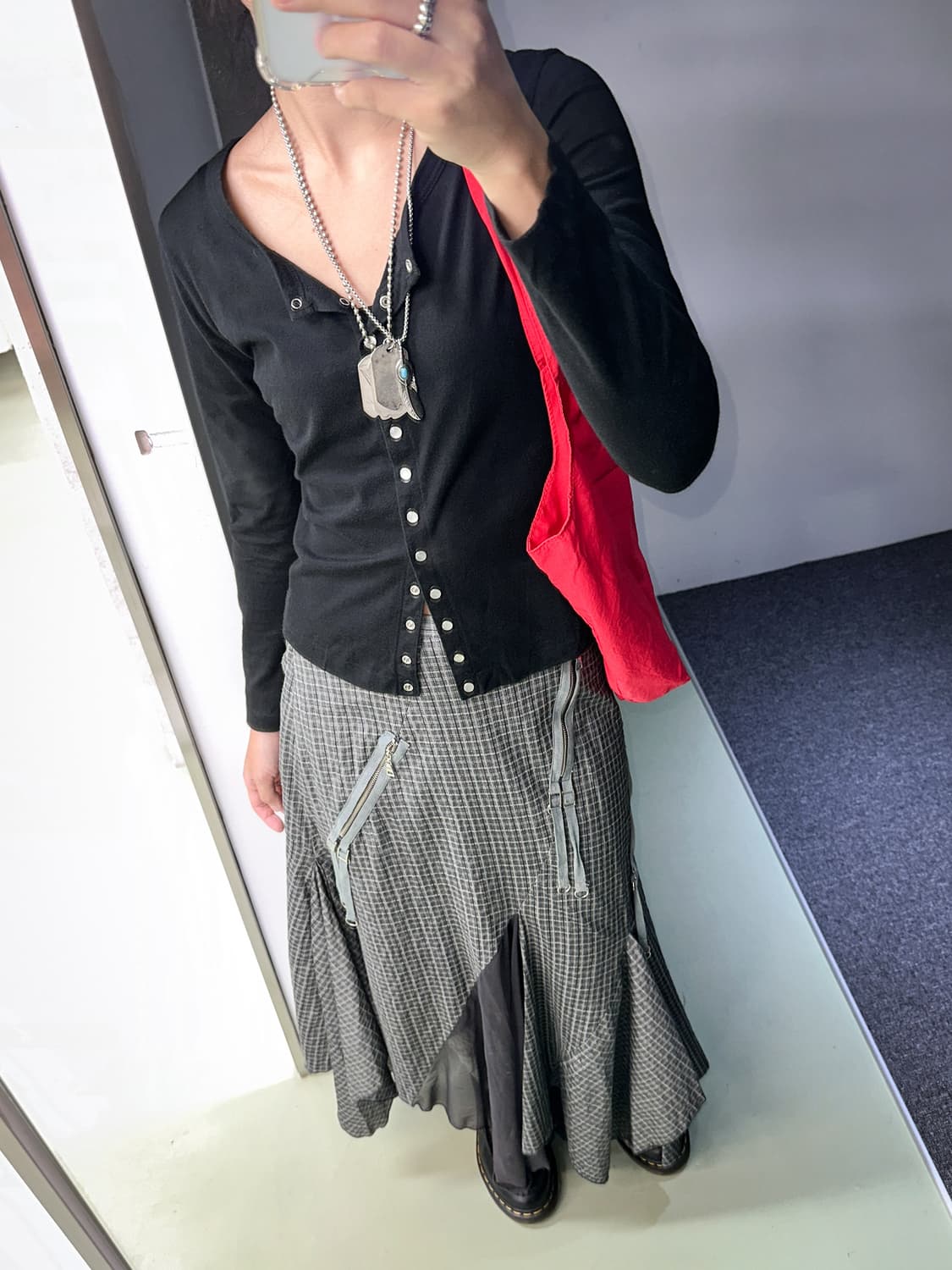 gray check mesh pannel unbalanced skirt 상품이미지2