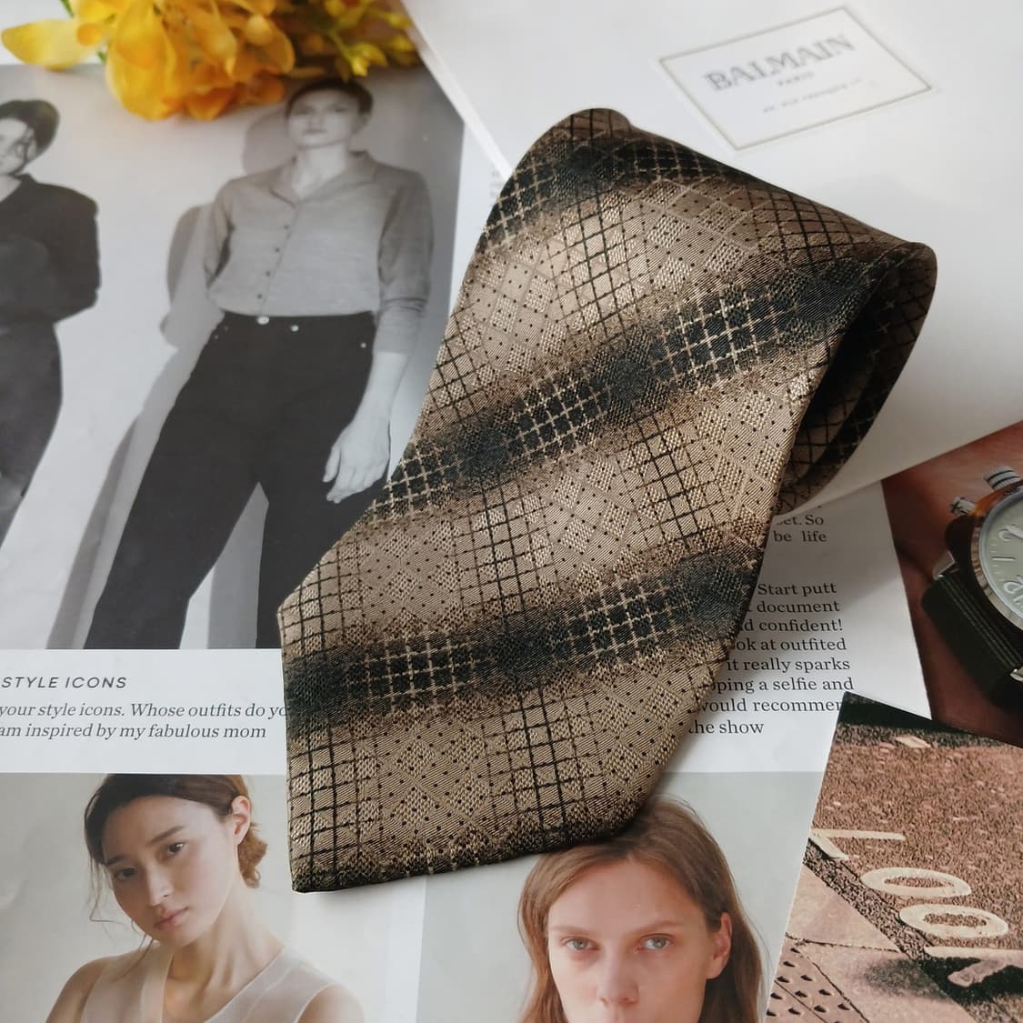 발망 실크 브라운 체크 패턴 넥타이 9.3cm A+등급 A19255
 상품이미지4