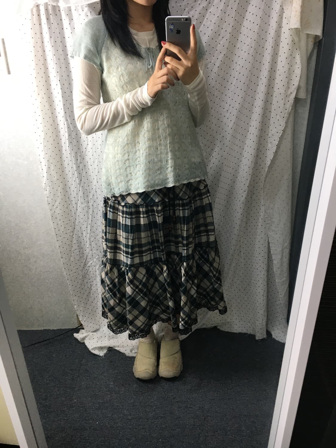 그린 체크 미디 스커트 상품이미지3