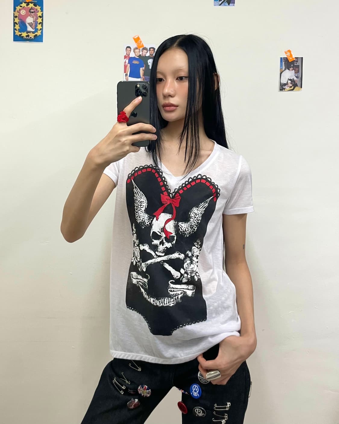 Skull crochet slit white t-shirt 상품이미지1