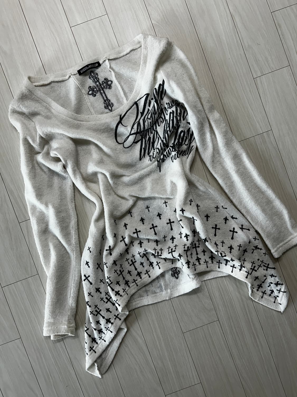 고스트오브할렘 레터링 십자가 롱슬리브 니트 오프숄더 vkei 고스펑크 상품이미지1