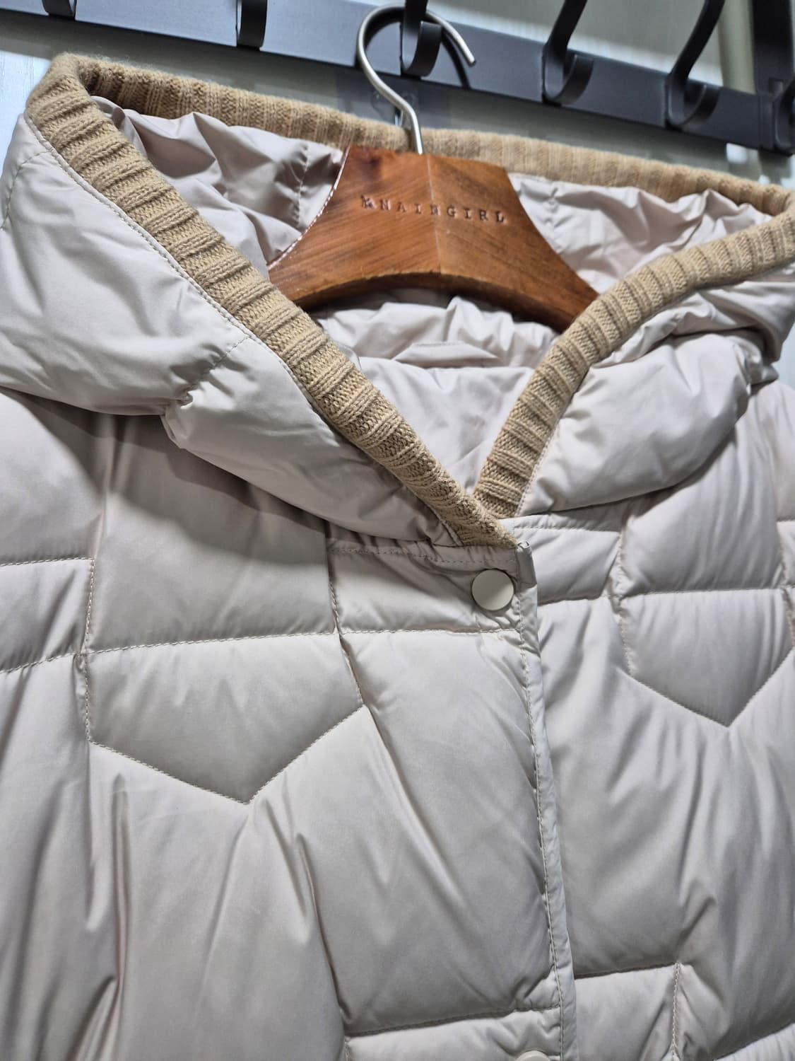 빈티지 아이보리 니트 배색 후드 거위털패딩 상품이미지2