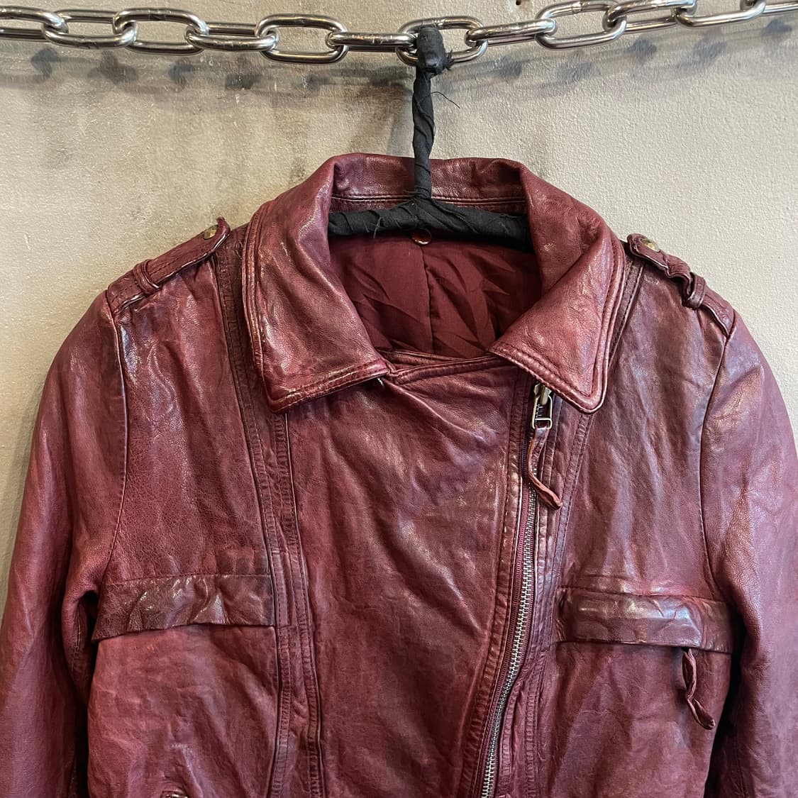 버건디 베지터블 레더 바이커 자켓 상품이미지5