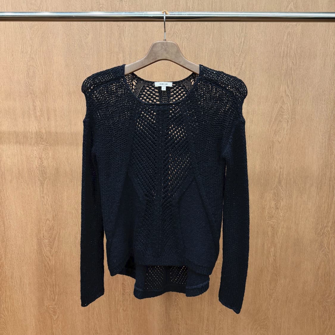 헬무트랭 라운드넥 니트 오픈워크 크로셰 조직 디테일 루즈핏 블랙 상품이미지2