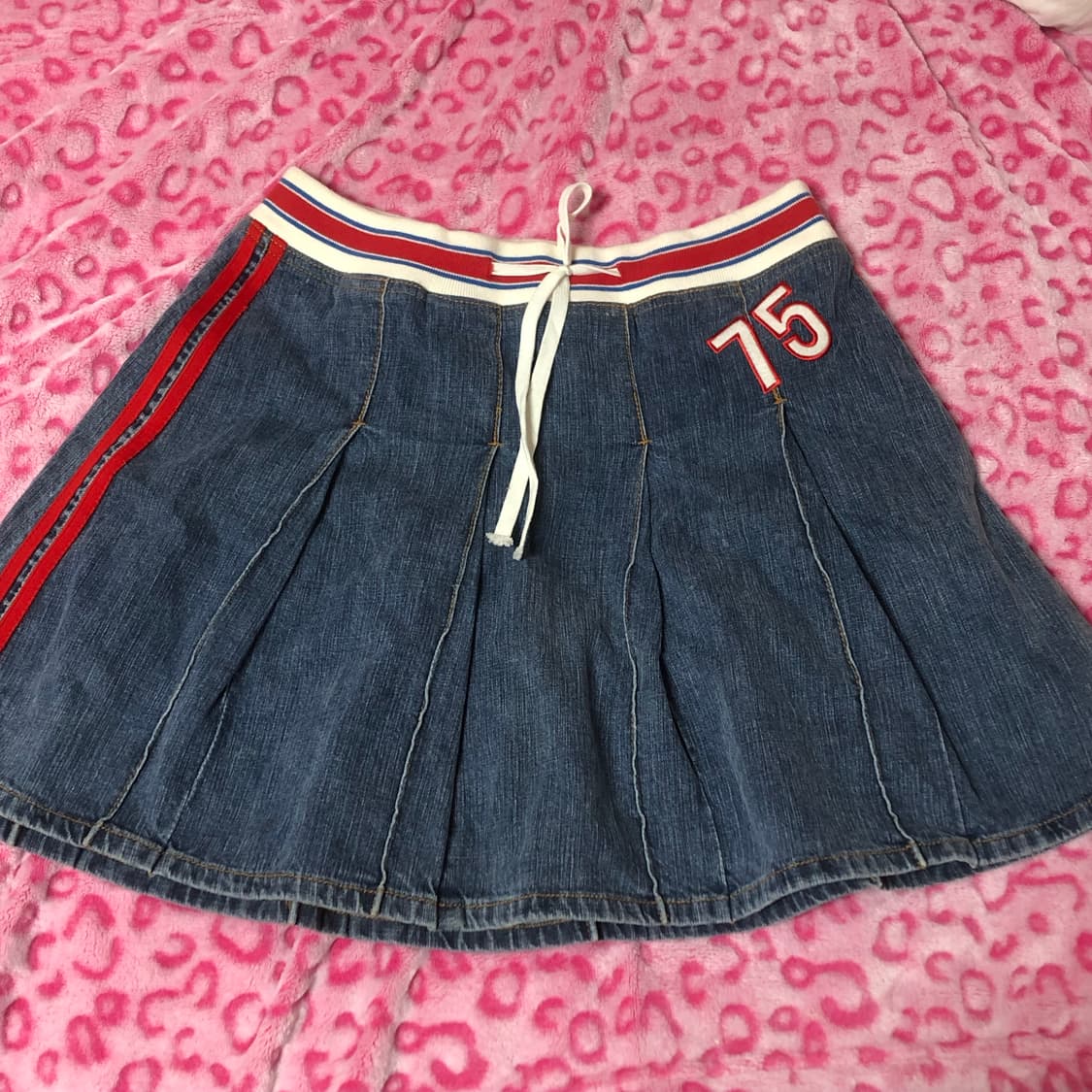 빈티지 플리츠 미디 데님 레드 포인트 스커트 치마 상품이미지1