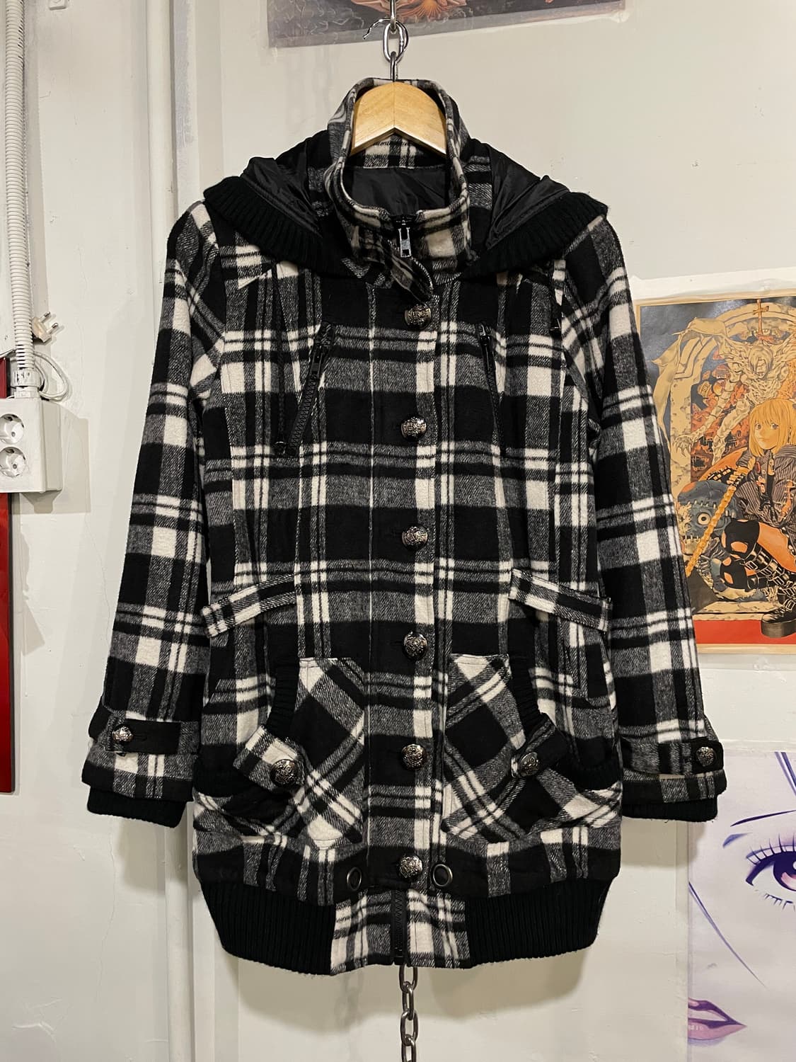 체크패턴 음각 버튼 스트랩 후드 자켓 갸루 y2k 상품이미지3