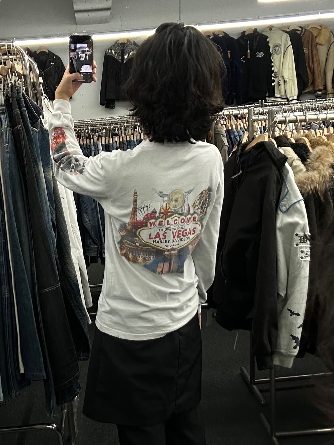 M)00’s할리데이비슨 빈티지 플레임 다이스 프린팅 화이트 롱슬리브(오염 상품이미지2