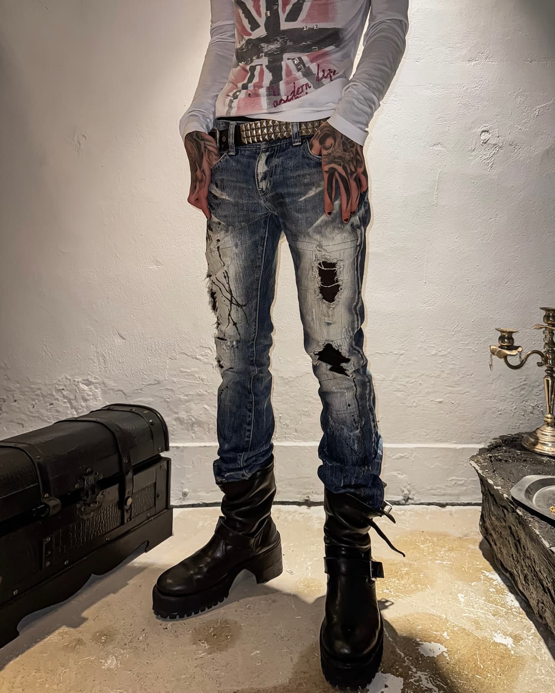 LA GATE – Destroyed Paint Straight Denim 상품이미지7