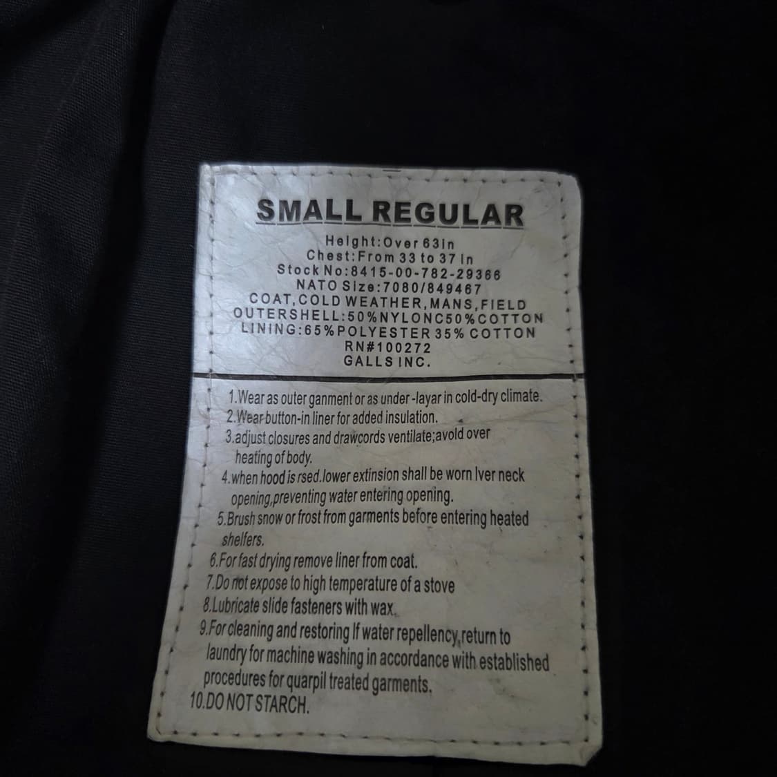 미국 Galls M65 필드자켓 ECWCS 블랙 S-R 상품이미지7