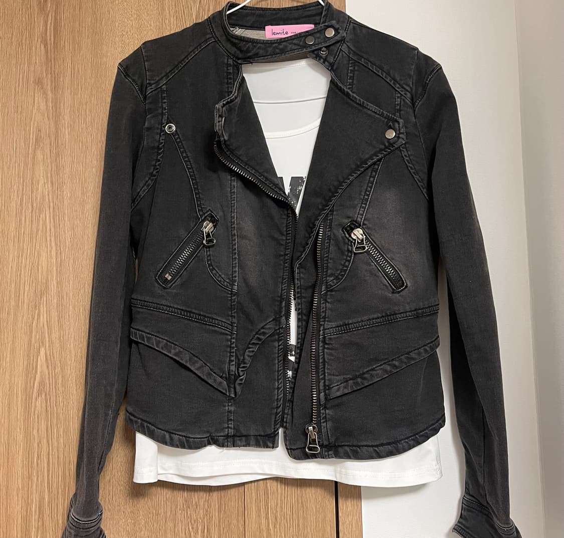 빈티지 Lemite 핑크라벨 디젤스타일 멀티 지퍼 흑청 데님 자켓 L 상품이미지1