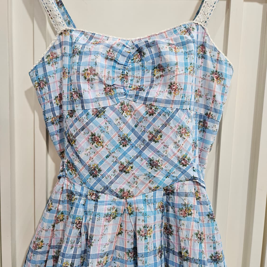 블루 체크 플라워 레이스 원피스 상품이미지2